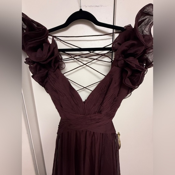 NWT | Mac Duggal Bordeaux 67911 Ruffle Tiered Cut-Out Chiffon Gown Size 8 - Picture 7 of 14